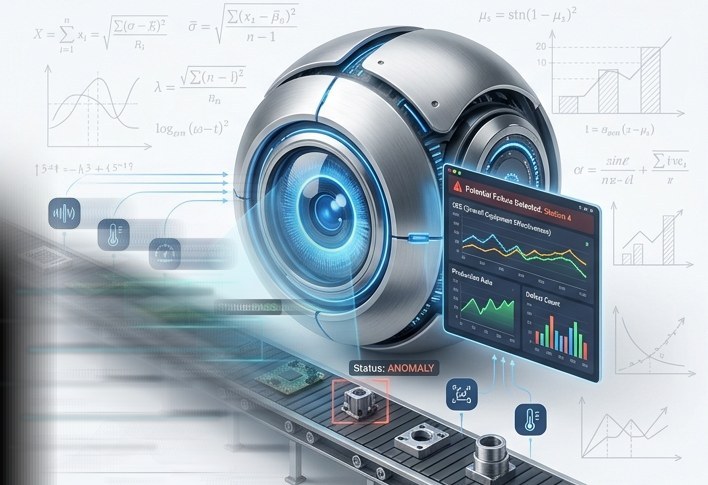 Robotic eye analyzing a manufacturing line at speed, with live throughput, cycle-time and defect-rate readouts